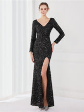 Long Sleeve Solid V-neck Sequin Prom Dress